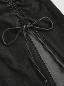 SHEIN MOD 女士纯色休闲抽绳牛仔半身裙 - 黑色 - 查看 3