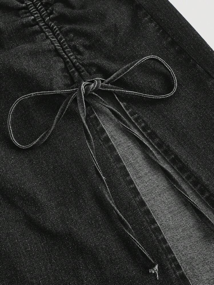 SHEIN MOD Saia Denim Casual com Cordão de Cor Sólida Feminina - Preto - Visão 3