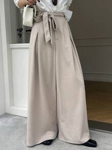 DAZY Solid Color Loose Wide Leg Pants With Pockets And Belt For Women Business Attire - Apricot - View 3