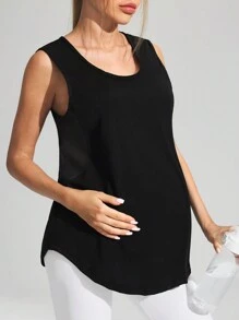SHEIN Pregnant Women's Solid Color Crew Neck Asymmetric Hem Sleeveless Sports Top, Summer, For Maternity - Black - View 3