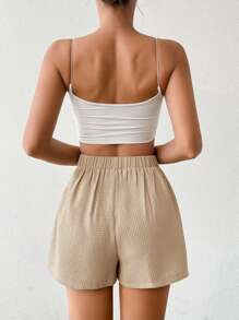 Chiquease Váy suông màu trơn viền bất đối xứng có nút trang trí, giản dị và thời trang - Màu Khaki - Xem 3