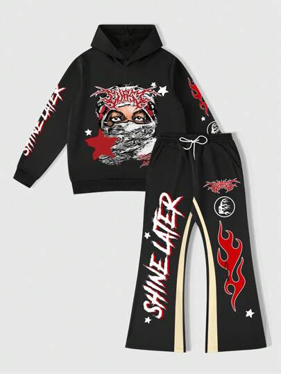 Street Life Men's Letter & Figure Print Hoodie Sweatshirt And Flared Pants Casual 2-Piece Outfit, Spring & Autumn