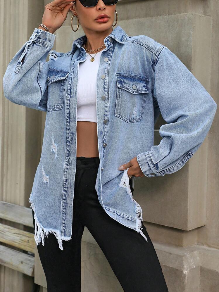 Flexra Long Sleeve Button Front Ripped Denim Jacket, Casual Daily