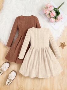Young Girl 2pcs Solid Color Round Neck Fall Button Decor Ribbed Casual Winter Dress Set - Brown - View 2