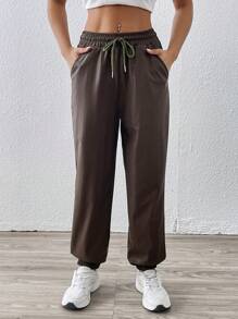 Chiquease Damen einfache braune Leder Hose mit Kordelzug - Braun - Übersicht 1
