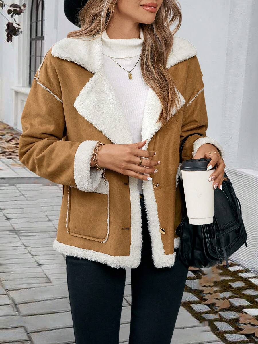 Chiquease 卡其色拼布羊羔绒夹克 - 卡其色 - 查看 1