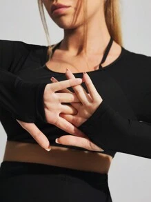 SHEIN 孕妇纯色镂空简约上衣和短裤休闲运动装，适合孕妇 - 黑色 - 查看 4