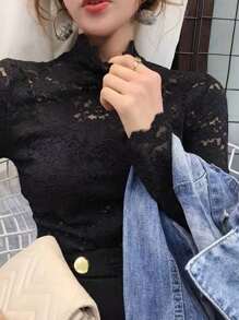 Women's Slim Fit Sexy Mesh Top With Elastic Stand Collar And Long Sleeves