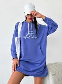 EURMUSE Letter Graphic Kangaroo Pocket Drop Shoulder Drawstring Hoodie Dress - Blue - View 1