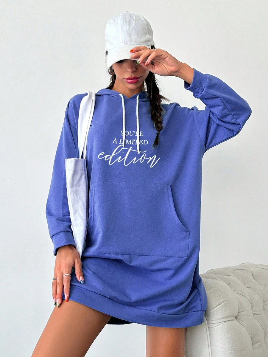 EURMUSE Letter Graphic Kangaroo Pocket Drop Shoulder Drawstring Hoodie Dress - Blue - View 1