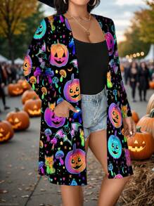 SHEIN LUNE 大码全花卉印花长袖休闲开衫外套