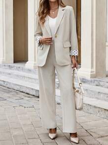 EMERY ROSE 女士波尔卡圆点印花单扣长袖西装外套和长裤优雅套装 - 杏色 - 查看 4