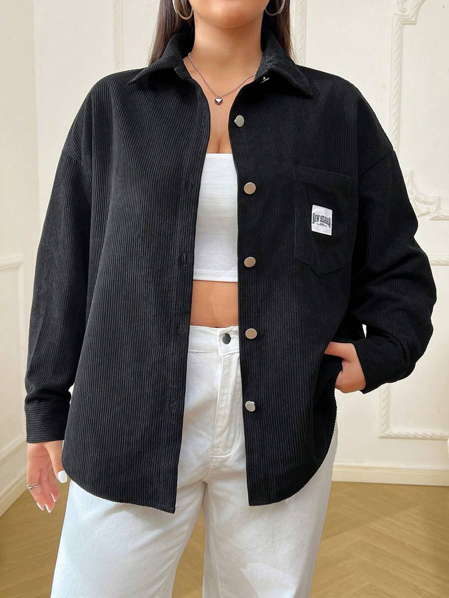 SHEIN EZwear 大码女式黑色灯芯绒外套，秋冬款 - 黑色 - 查看 1