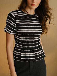 MOTF STUDIO STRIPED TEXTURED RUFFLE HEM T-SHIRT