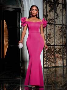 Faeriesty 别致优雅的露肩女士礼服，带有花卉装饰和美人鱼下摆 - 非常适合盛大婚礼、红毯庆典、精致舞会、著名的慈善晚会和高调的颁奖典礼 - 玫紅色 - 查看 1