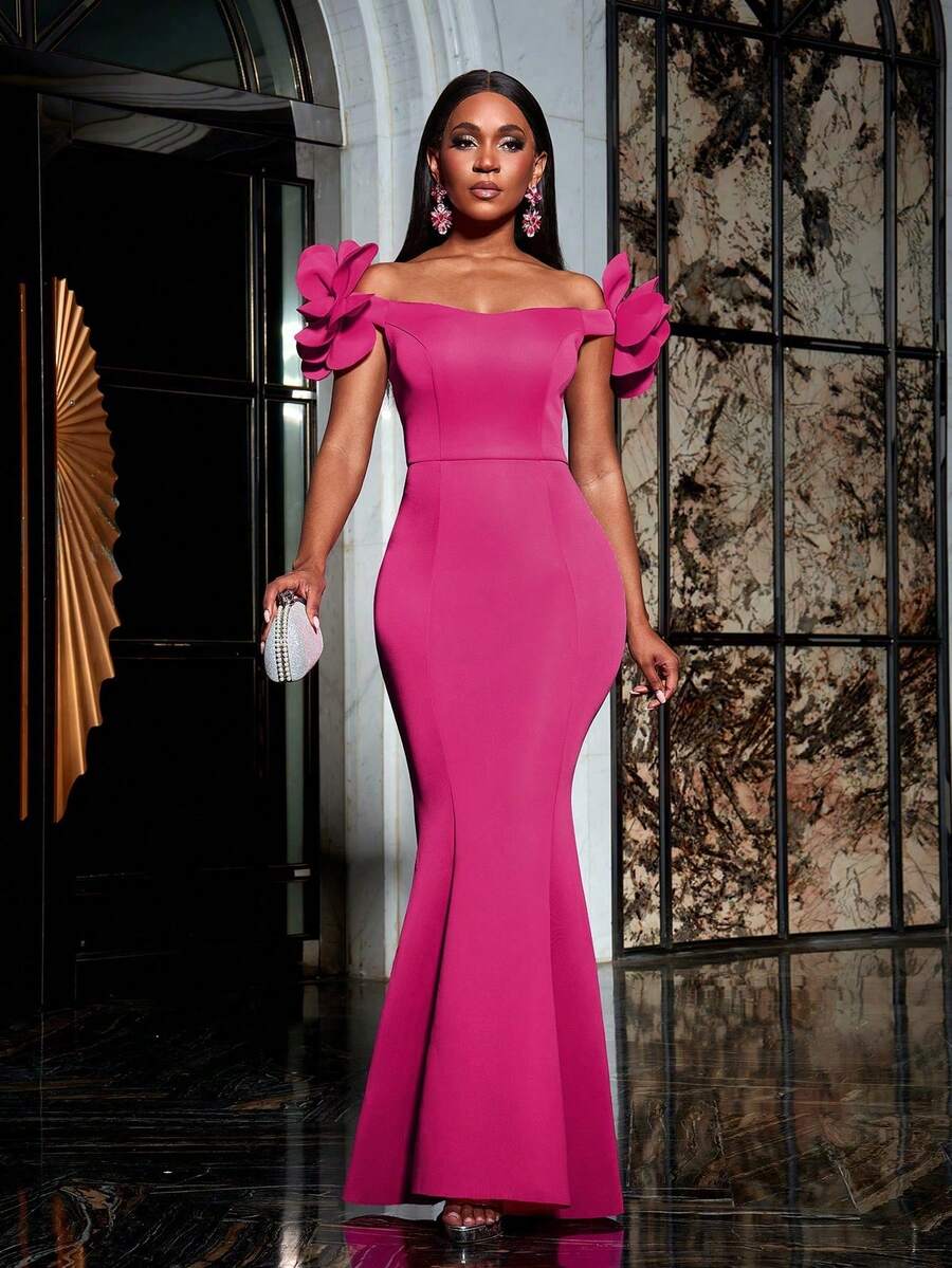 Faeriesty 别致优雅的露肩女士礼服，带有花卉装饰和美人鱼下摆 - 非常适合盛大婚礼、红毯庆典、精致舞会、著名的慈善晚会和高调的颁奖典礼 - 玫紅色 - 查看 1