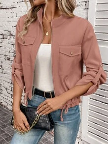 SHEIN LUNE Spring & Autumn Casual Solid Stand Collar Drawstring Hem Rolled Sleeve Short Jacket - Coral Pink - View 1