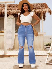 Breezaya Quần Jeans Ống Loe Túi Xé Size Lớn Thường Ngày - Rửa nhẹ - Xem 4