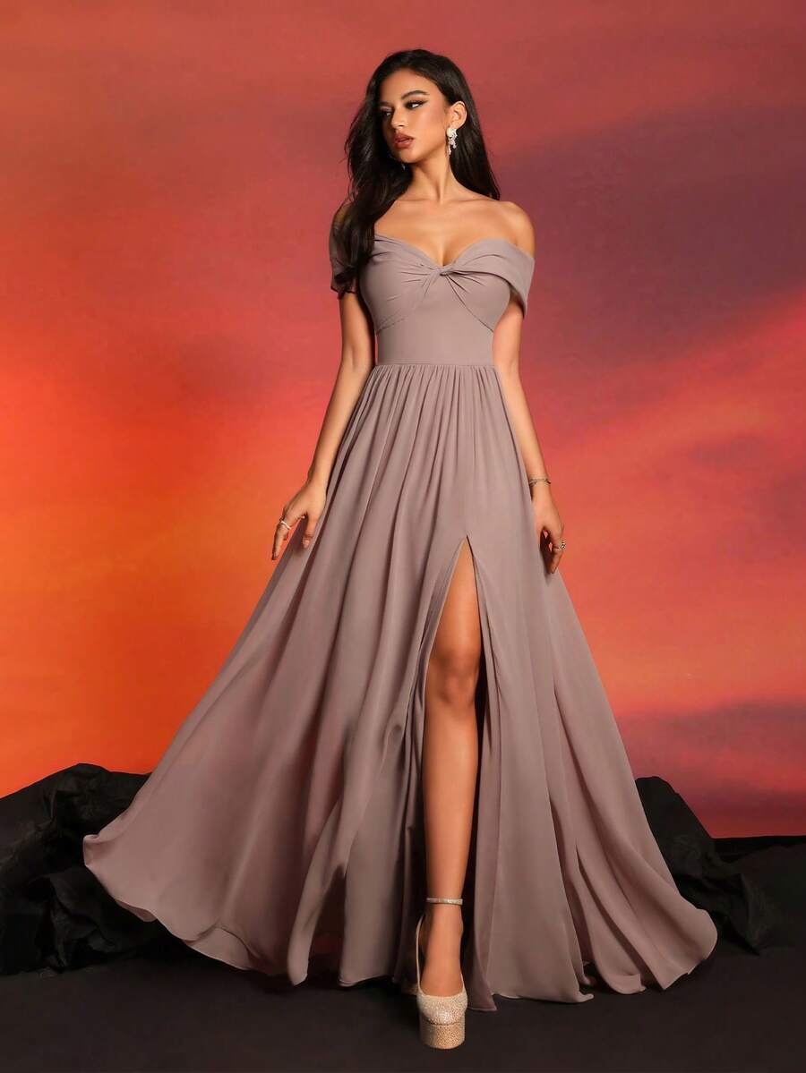 Smliprince Long Off-Shoulder High-End Elegant Cocktail Evening Dress - Dusty Pink - View 1