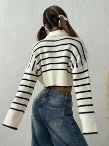 SHEIN EZwear 女士秋冬休闲高领拼色条纹短款毛衣 - 杏色 - 查看 2
