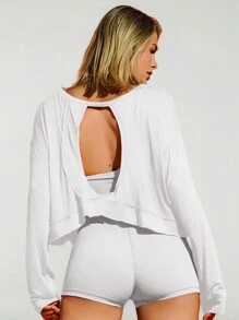 VARSITIE Women's Casual Round Neck Backless Long Sleeve Loose Comfortable T-Shirt - White - View 2