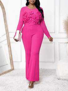 SHEIN Lady Đầm liền quần xòe bó sát in họa tiết hoa 3D cỡ lớn cho nữ màu hồng Váy dự tiệc cưới mùa thu - Màu Hồng Tươi - Xem 5