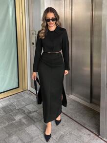 Chiquease Solid Button Front Long Sleeve Crop Blouse & Skirt - Black - View 7