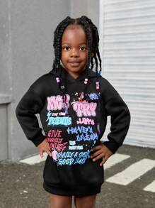 SHEIN Young Girl Knitted Solid Color Letter Pattern Hooded Loose Casual Sweatshirt - Black - View 1