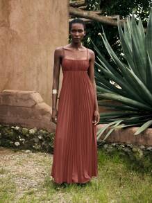 Maija Vestido Vermelho Tijolo Feminino, Roupa de Férias de Verão, Vestido de Praia Sólido Boêmio Moderno de Resort, Vestido Plissado Sem Mangas Minimalista