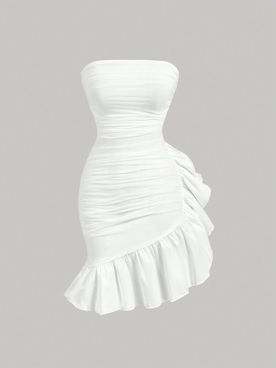 SHEIN MOD 无肩带网眼对比不对称下摆迷你连衣裙 - 白色 - 查看 1