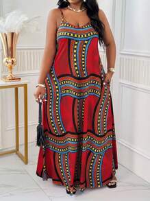 SHEIN Lady Spring And Summer Casual Beach Spaghetti Strap Ball Gown Cami Dress Plus Size Dresses Plaid Dress African Dress,Beach Dress Sundress,Holiday Outfits Boho - Multicolor - View 4