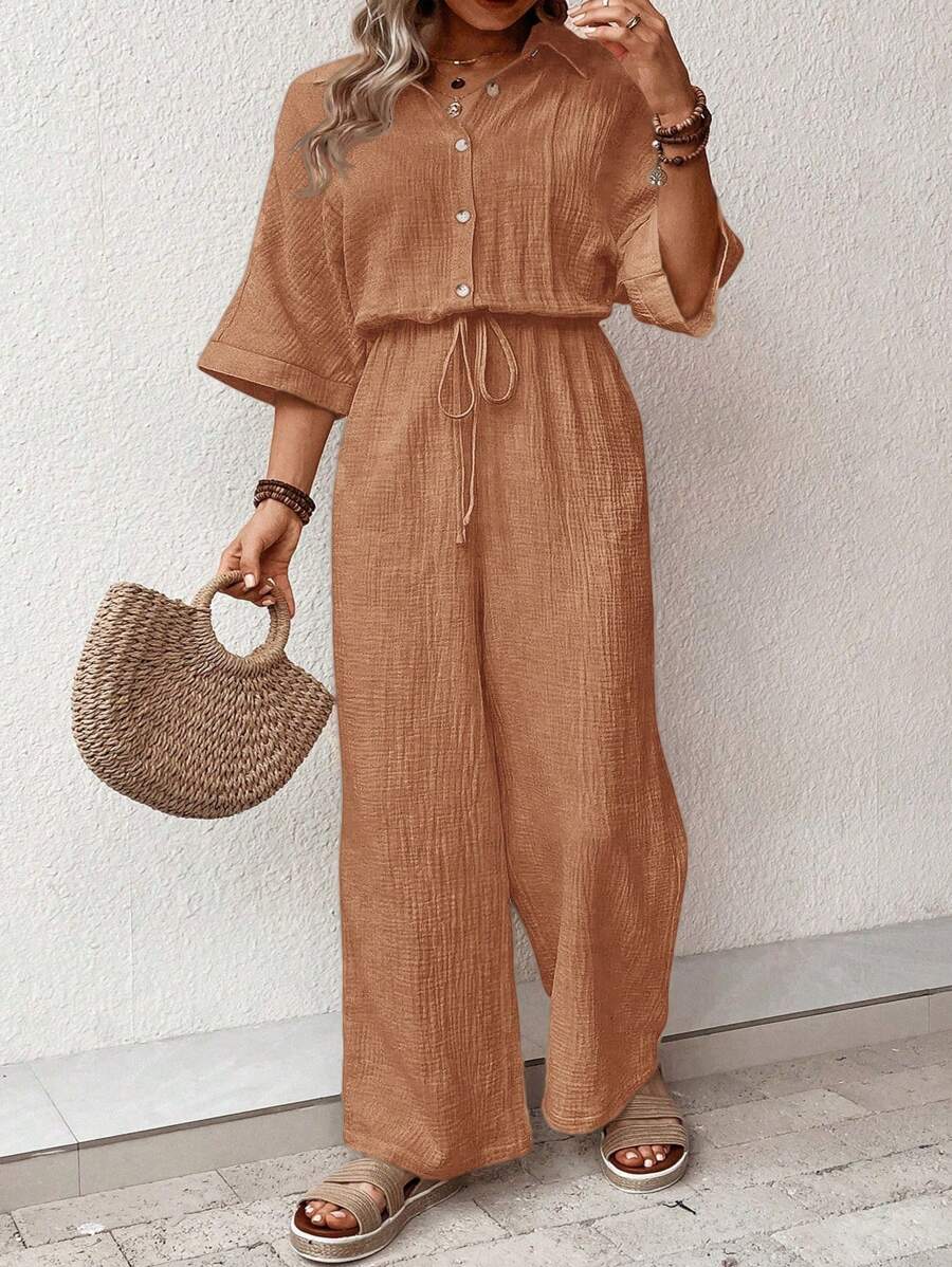 SHEIN VCAY 大码纯色前扣前系带休闲连体裤 - 西瓜粉 - 查看 1