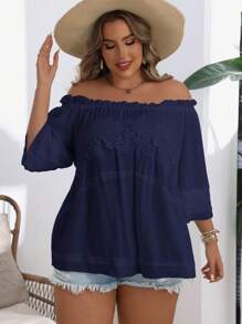 SHEIN VCAY 大码纯色露肩长袖简约休闲衬衫