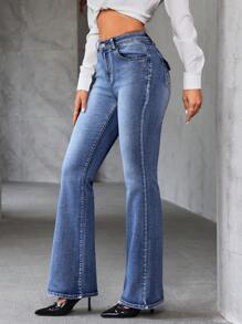 SHEIN Tall Front Button Closure Multi Pocket Embroidery Simple Denim Jeans, Casual Daily Wear - Blue - View 3