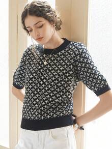 Knit Mix 优雅女士春夏时尚日常居家休闲通勤气质法式针织撞色图案短袖圆领罗纹边宽松套头T恤上衣，基础款返校复古春夏情侣装 - 黑色 - 查看 8