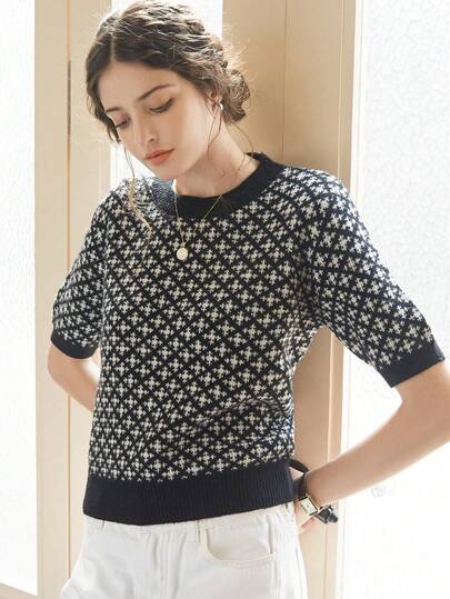 Knit Mix 优雅女士时尚针织法式通勤T恤，休闲短袖圆领上衣，宽松版型，花卉图案设计，适合秋冬季节，返校必备基础款，也适合圣诞节、感恩节和新年等场合，黑色