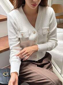 DAZY Women's Solid Color Long Sleeve Button Design Casual Business Cardigan, Autumn - Beige - View 7