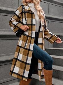 SHEIN LUNE 女士秋冬长款格子羊毛混纺大衣，翻领，大口袋，保暖