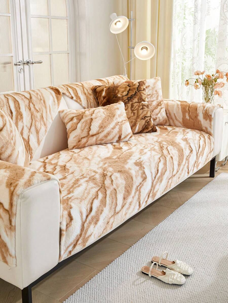 1 件冬季加厚翻边印花沙发垫坐垫,时尚个性风格宠物友好型防污防滑沙毛巾,秋冬季防猫抓沙发保护套装饰可用于客厅 L 型组合沙发和 1/2/3/4 沙发 - 卡其色 - 查看 1