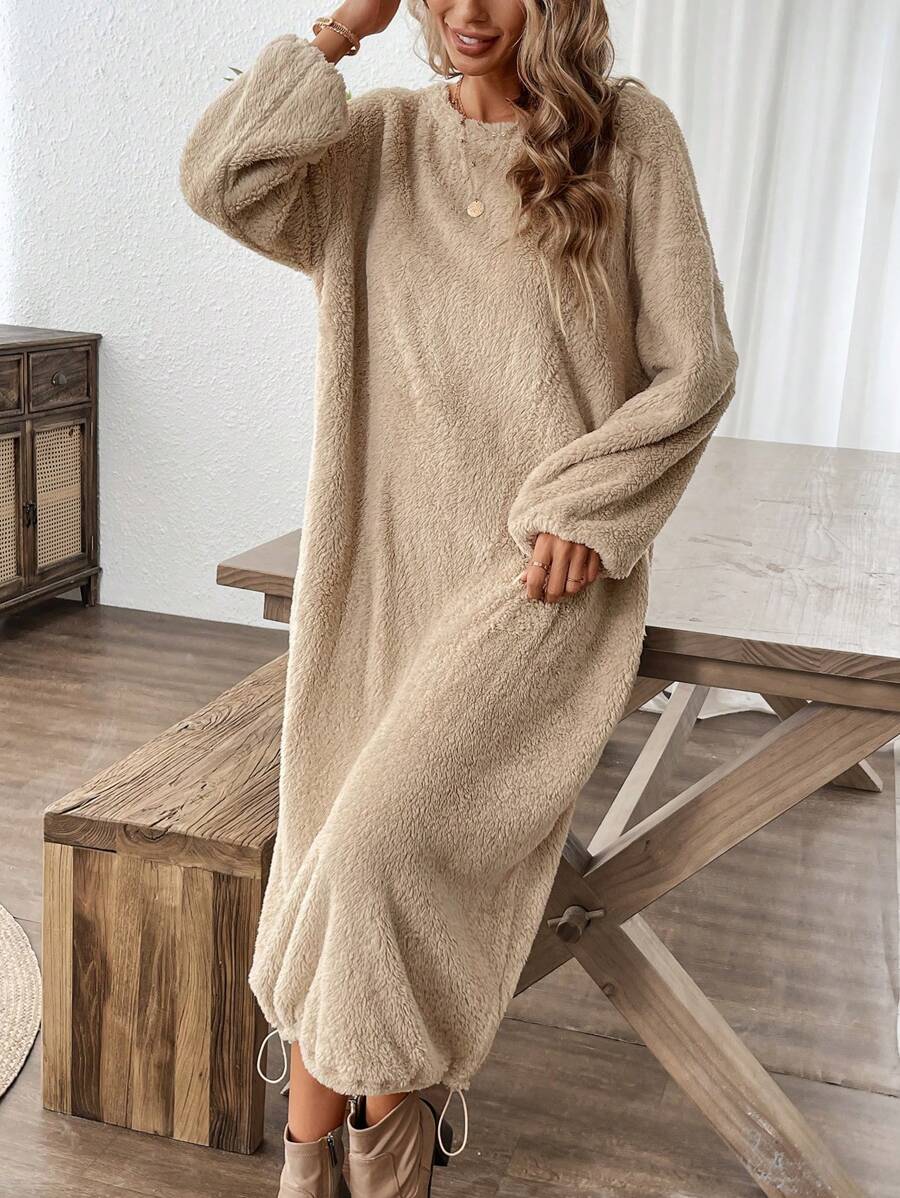 EMERY ROSE Women's Casual Solid Color Fleece Drawstring Hem Loose Everyday Dress, Autumn/Winter - Apricot - View 1