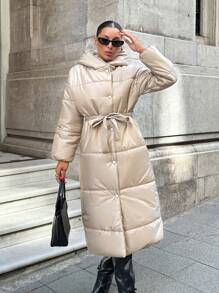 EURMUSE Fashionable Belted Snap Button Padded Coat, Winter Clothes - Beige - View 3