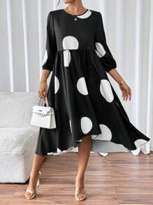 SHEIN Unity Women's Polka Dot Allover Print Round Neck Mid-Sleeve Ruched Casual Beach Dress - Multicolor - View 1