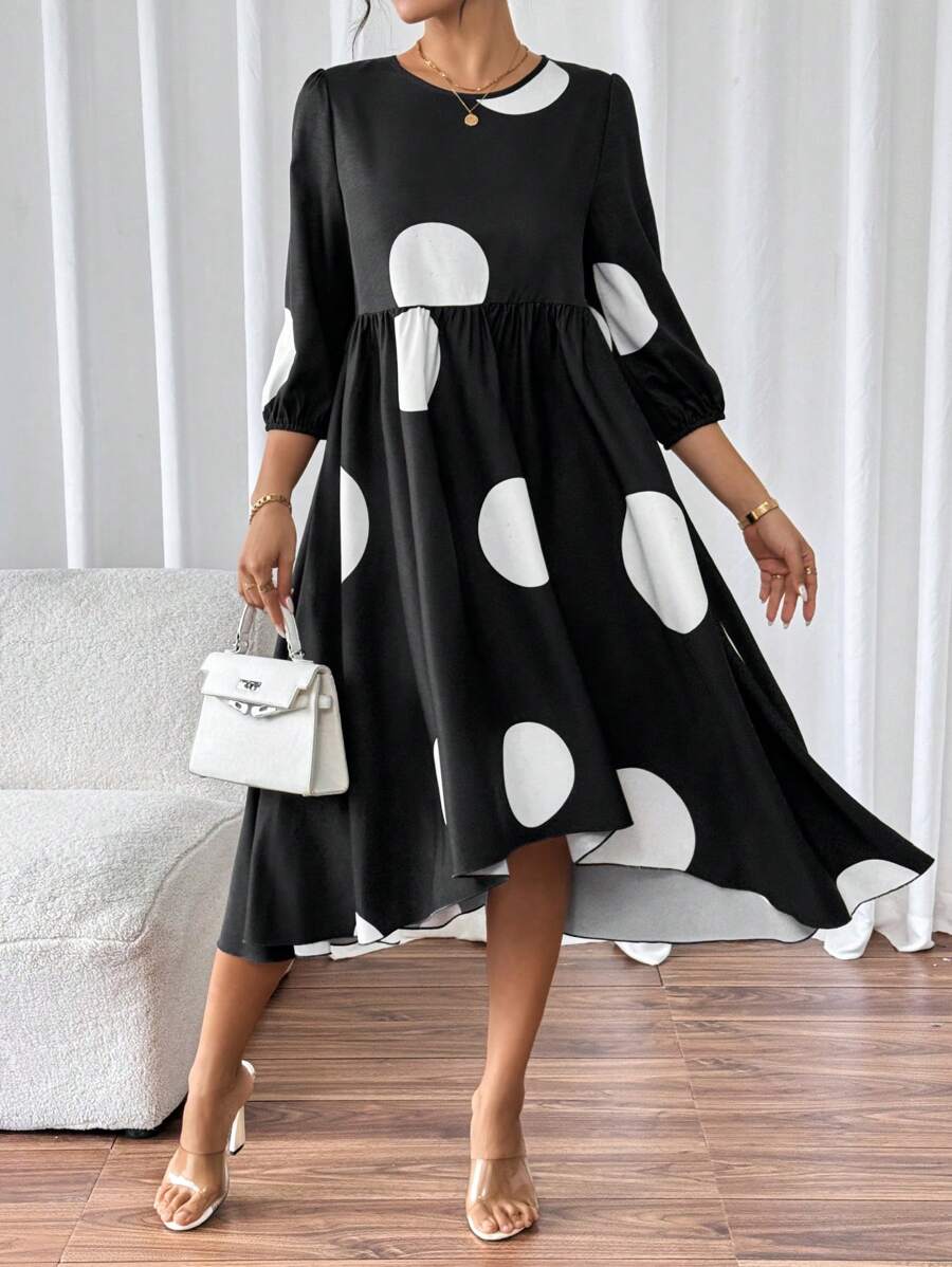 SHEIN Unity Women's Polka Dot Allover Print Round Neck Mid-Sleeve Ruched Casual Beach Dress - Multicolor - View 1