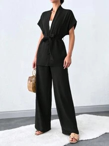 SHEIN Tall 纯色系带简约上衣和裤子套装，休闲日常穿着 - 黑色 - 查看 6