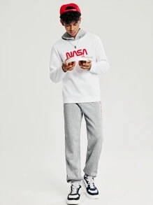 SHEIN 2 pièces/Set Survêtement adolescents garçons décontracté ample avec motif imprimé et blocs de couleurs, capuche et pantalon long. Doublure thermique, épaissi.