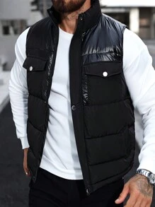 Manfinity Homme Men Pocket Design Casual Winter Matching Sleeveless Coat , Black Vest