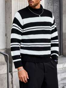 Manfinity Homme Jersey de cuello alto con estampado de rayas blanco y negro