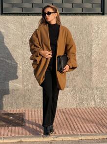 SHEIN Essnce Women's Bat Sleeve Medium-Length Coat, Murad Brown Coat Jacket, Wear Coat, Fall Women's Clothing, Women's Coat, American Retro, With Turtleneck Sweater Elegant And Stylish Going Out Wear, Fashionable Women's Clothing, 2024 Fall And Winter New Women's Clothing,Winter Women Coat - Brown - View 6