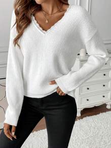 SHEIN Unity Women's Solid Color Simple Everyday Contrast Lace Bow Decor Pullover Sweater,Long Sleeve Tops, Knit Pullover Fall Winter - White - View 5
