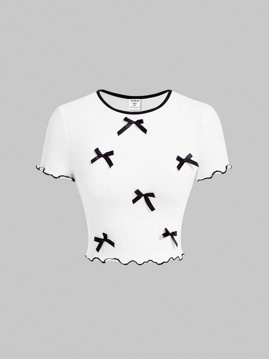 SHEIN Leap Crew Young Girl Sweet Cropped T-Shirt With Solid Color Bow Decor - White - View 1